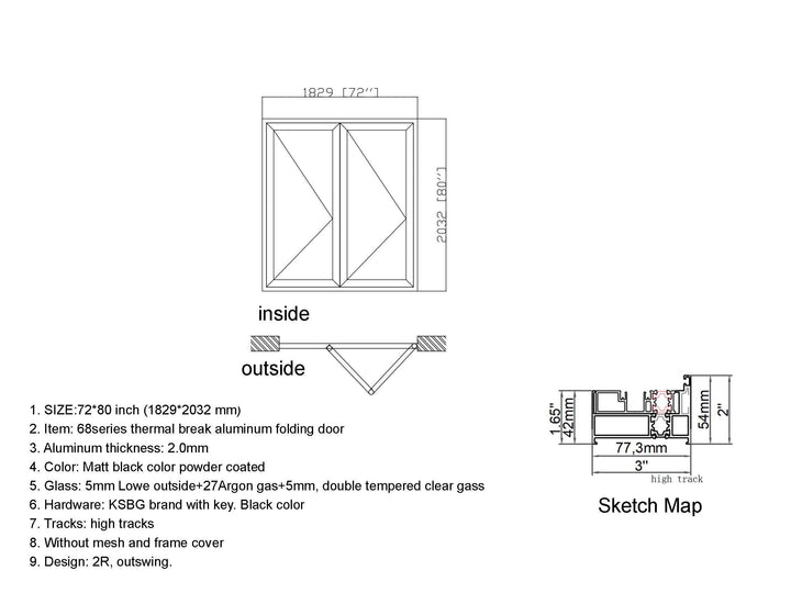 Aluminum Bifold Door 72"Wx80"H - OUT SWING FROM EXTERIOR VIEW image 3