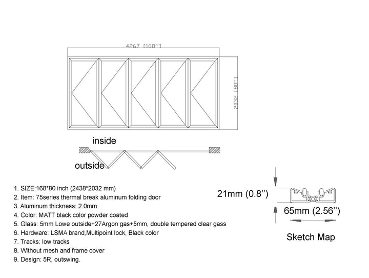 Aluminum Bifold Door 168"Wx96"H - OUT SWING FROM EXTERIOR VIEW image