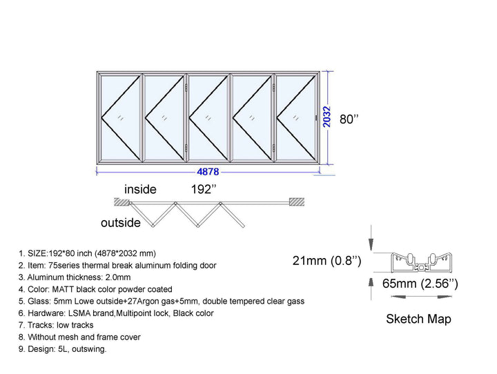Aluminum Bifold Door 192"Wx80"H - OUT SWING FROM EXTERIOR VIEW image 5