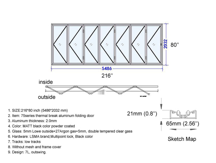 Aluminum Bifold Door 216"Wx80"H - OUT SWING FROM EXTERIOR VIEW image