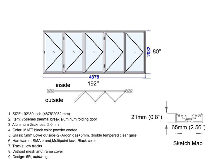 Aluminum Bifold Door 192"Wx80"H - OUT SWING FROM EXTERIOR VIEW image 3