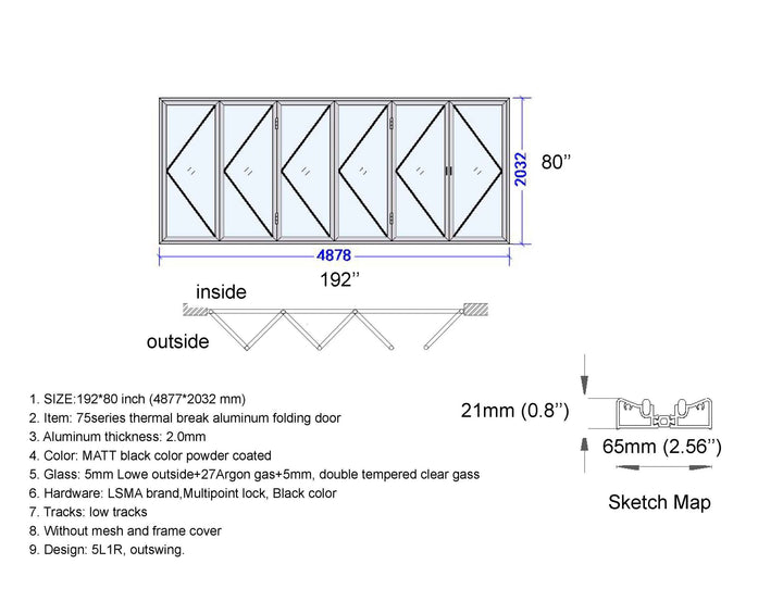 Aluminum Bifold Door 192"Wx80"H - OUT SWING FROM EXTERIOR VIEW image