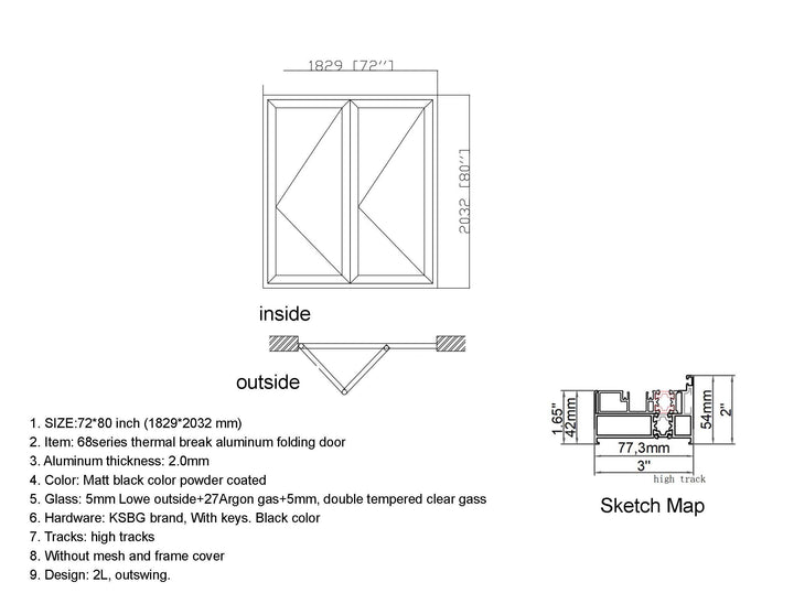 Aluminum Bifold Door 72"Wx80"H - OUT SWING FROM EXTERIOR VIEW image 1