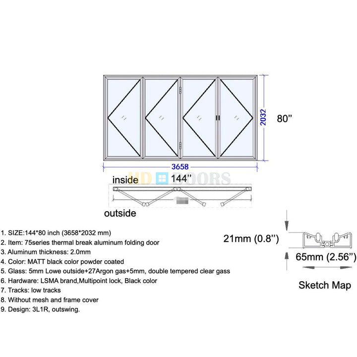 Aluminum Bifold Door 144"Wx80"H - OUT SWING FROM EXTERIOR VIEW image
