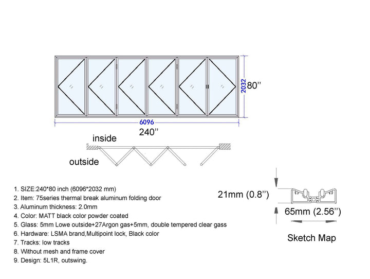 Aluminum Bifold Door 240"Wx80"H - OUT SWING FROM EXTERIOR VIEW image 15