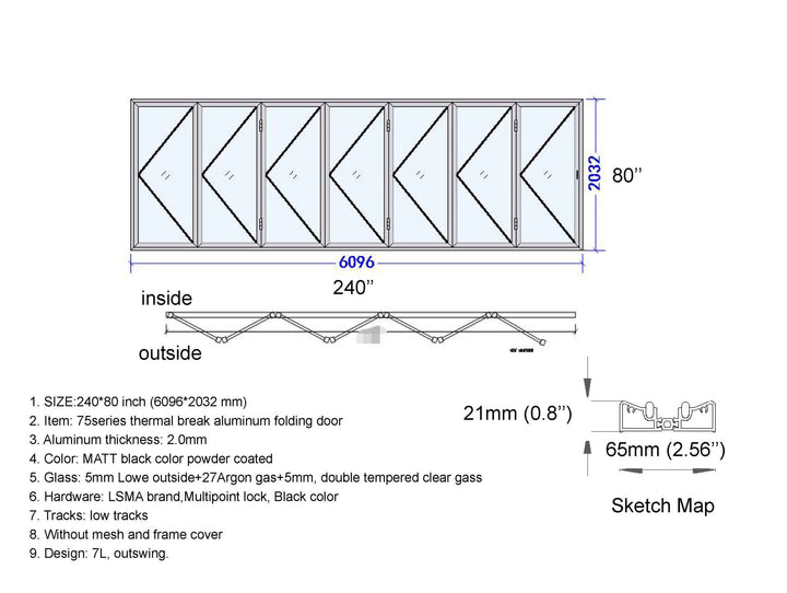 Aluminum Bifold Door 240"Wx80"H - OUT SWING FROM EXTERIOR VIEW image 12