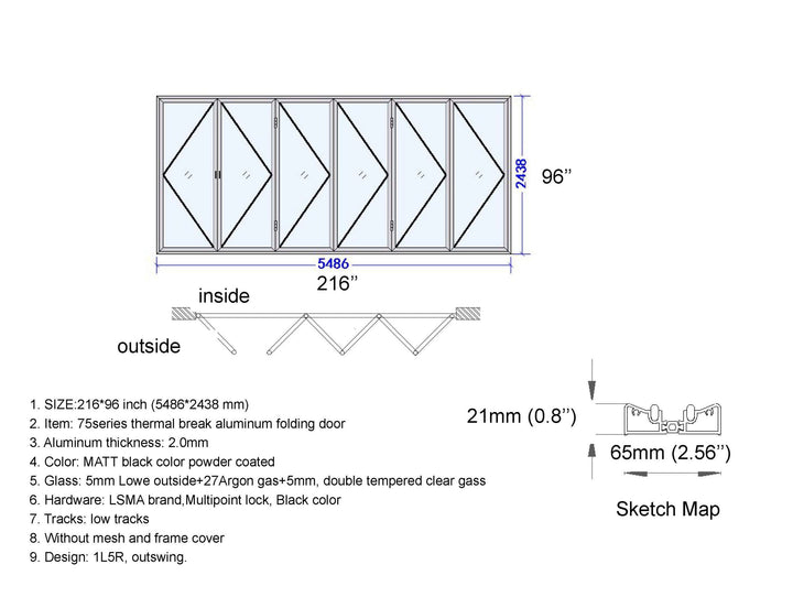 Aluminum Bifold Door 216"Wx96"H - OUT SWING FROM EXTERIOR VIEW image
